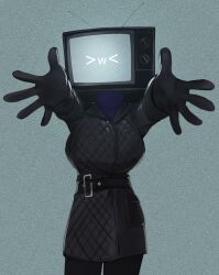 Rule 34 | &gt; &lt;, 1girl, :3, antennae, black gloves, black jacket, black pants, breasts, gloves, highres, jacket, large breasts, looking at viewer, outstretched arms, pants, skibidi toilet (series), solo, sweater, television, turtleneck, turtleneck sweater, tv woman (skibidi toilet), x3, yoako
