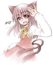 Rule 34 | 1girl, aged up, alternate hairstyle, animal ears, brown eyes, brown hair, cat ears, cat girl, cat tail, chen, earrings, female focus, jewelry, milksea, multiple tails, oekaki, skirt, solo, tail, touhou, two tails, white background