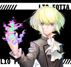 Rule 34 | 1boy, androgynous, artist request, black gloves, black jacket, blonde hair, character name, ascot, earrings, fire, gloves, green hair, half gloves, jacket, jewelry, lio fotia, looking at viewer, male focus, promare, solo