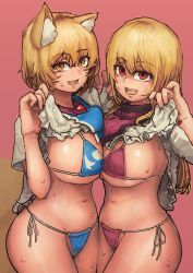 Rule 34 | 2girls, :d, absurdres, animal ear fluff, arm up, bikini, blonde hair, blouse, blue bikini, blush, breast press, breasts, chanta (ayatakaoisii), clothes lift, dress, dress lift, fang, flashing, fox tail, from side, groin, hand up, hands up, highres, hip focus, holding hands, huge breasts, lifted by self, long hair, looking at viewer, multiple girls, multiple tails, open mouth, orange eyes, pink background, purple bikini, red eyes, shirt, shirt lift, short hair, short sleeves, side-tie bikini bottom, sideboob, simple background, slit pupils, smile, standing, stomach, sweat, swimsuit, symmetrical docking, tabard, tail, touhou, tsurime, upper body, white dress, white shirt, yakumo ran, yakumo yukari