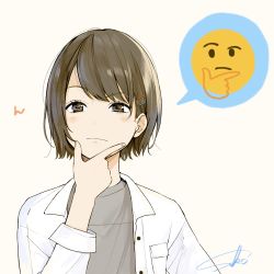Rule 34 | 1girl, absurdres, breast pocket, brown eyes, brown hair, closed mouth, collared jacket, emoji, fingernails, grey background, grey shirt, hair ornament, hairclip, hand on own chin, hand up, highres, jacket, looking at viewer, open clothes, open jacket, original, pocket, sako (35s 00), shirt, short hair, signature, simple background, solo, thinking, thinking emoji, upper body, white jacket
