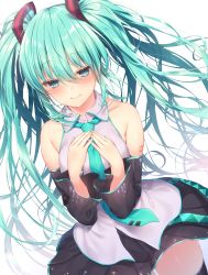 Rule 34 | 1girl, bare shoulders, black skirt, black sleeves, black thighhighs, blue nails, blush, closed mouth, collared shirt, commentary request, detached sleeves, dutch angle, fingernails, green eyes, green hair, green necktie, hair between eyes, hair ornament, hands on own chest, hands up, hatsune miku, highres, long hair, long sleeves, nail polish, navy (navy.blue), necktie, pleated skirt, shirt, sidelocks, simple background, skirt, sleeveless, sleeveless shirt, smile, solo, thighhighs, tie clip, twintails, very long hair, vocaloid, white background, white shirt