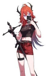 Rule 34 | 1girl, absurdres, arknights, belt, beudelb, black belt, black gloves, black shirt, breasts, cellphone, commentary, crop top, cross, cross necklace, crown, feet out of frame, gloves, hand up, highres, holding, holding phone, holding sword, holding weapon, jewelry, long hair, looking at viewer, medium breasts, midriff, mini crown, necklace, official alternate costume, pencil skirt, phone, purple eyes, red hair, red skirt, shirt, simple background, single glove, skirt, smartphone, solo, standing, surtr (arknights), surtr (liberte echec) (arknights), sword, thigh strap, thighs, very long hair, weapon, white background
