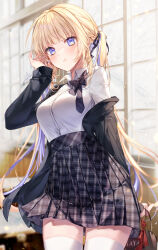 Rule 34 | 1girl, :t, bag, black bow, black jacket, black ribbon, black skirt, blonde hair, blue hair, blurry, blurry background, bow, braid, breasts, closed mouth, collared shirt, commentary request, depth of field, dress shirt, hair ribbon, hand up, highres, holding, holding bag, jacket, long hair, long sleeves, looking at viewer, medium breasts, multicolored hair, off shoulder, open clothes, open jacket, original, plaid, plaid skirt, pleated skirt, pout, ribbon, school uniform, shirt, signature, skirt, sleeves past wrists, solo, taya oco, twintails, two-tone hair, valentine, very long hair, white shirt, window