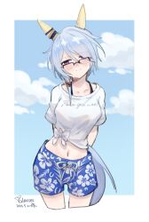 Rule 34 | 1girl, alternate costume, animal ears, arms behind back, bespectacled, blue eyes, collarbone, commentary request, dated, gaze on me! outfit (umamusume), glasses, hair between eyes, hair ornament, highres, horse ears, horse girl, horse tail, k.s.miracle (umamusume), looking at viewer, navel, saramiao-chan, shirt, shorts, smile, tail, umamusume
