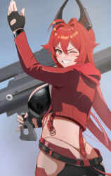Rule 34 | 1girl, absurdres, antenna hair, anti-materiel rifle, arm up, ass, belt, black belt, black gloves, black jacket, black pants, blush, breasts, bullpup, cleavage, commentary request, cowboy shot, cropped jacket, cure barlow, fang, fingerless gloves, gloves, goddess of victory: nikke, grin, gun, hair between eyes, hair intakes, highres, hip vent, holding, holding gun, holding weapon, horns, jacket, large breasts, leather, leather jacket, leather pants, long hair, long sleeves, looking at viewer, mechanical horns, open clothes, open jacket, pants, red hair, red hood (nikke), red jacket, red scarf, reflection, rifle, scarf, sidelocks, skindentation, smile, sniper rifle, solo, standing, stomach, suspenders, tearing up, teeth, unzipped, weapon, when you see it, yellow eyes