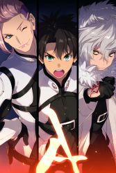 Rule 34 | 3boys, belt, belt buckle, black belt, black bodysuit, black gloves, black hair, black shirt, bodysuit, buckle, closed mouth, command spell, commentary request, echo (circa), fate/grand order, fate (series), fujimaru ritsuka (male), fujimaru ritsuka (male) (chaldea combat uniform), fur-trimmed jacket, fur trim, gloves, green eyes, hair between eyes, hand on own hip, hood, hood up, hooded jacket, jacket, kadoc zemlupus, lipstick, looking at viewer, makeup, male focus, multiple boys, one eye closed, open mouth, pink hair, pink lips, scandinavia peperoncino, shirt, short hair, smile, teeth, two-tone bodysuit, uniform, upper body, upper teeth only, white bodysuit, white hair, white jacket, yellow eyes