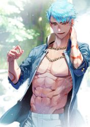 Rule 34 | 1boy, abs, arm tattoo, bead necklace, beads, blouse, blue hair, blue shirt, blurry, blush, cross scar, day, depth of field, facial scar, fangs, hand on own neck, hands up, highres, jewelry, looking away, looking down, male focus, navel, necklace, parted lips, red eyes, scar, scar on cheek, scar on face, serota, shirt, short hair, sleeves rolled up, smile, solo, tattoo, toned, toned male, touken ranbu, upper body, water, wet, wet hair, yamabushi kunihiro