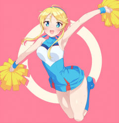 Rule 34 | ahoge, bare shoulders, blonde hair, blue eyes, blue socks, blush, bouncing breasts, breasts, cheerleader, covered collarbone, dress, full body, hairband, heroman, highres, jumping, kazuma (kazumav), kneehighs, lina davis, looking at viewer, medium breasts, open mouth, outstretched arms, pom pom (cheerleading), shirt, short dress, short hair with long locks, sleeveless, sleeveless shirt, sleeveless turtleneck, smile, socks, swept bangs, thighs, turtleneck