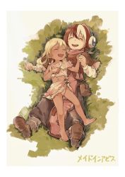 Rule 34 | 2girls, barefoot, blonde hair, character request, child, closed eyes, commentary request, dark-skinned female, dark skin, grass, highres, holding hands, jewelry, loincloth, made in abyss, multicolored hair, multiple girls, navel, necklace, open mouth, panties, red hair, sansanpai, teeth, translation request, two-tone hair, underwear, upper teeth only, white hair