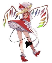 Rule 34 | 1girl, back cutout, bad id, bad twitter id, bare legs, blonde hair, bloomers, bobby socks, clothing cutout, flandre scarlet, full body, fuuga (perv rsity), grin, hat, hat ribbon, high heels, laevatein, miniskirt, mob cap, petticoat, pointy ears, profile, puffy sleeves, red eyes, red footwear, red ribbon, red skirt, ribbon, shoes, simple background, skirt, skirt set, smile, socks, solo, tail, touhou, underwear, vest, white background, white socks, wings