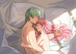 1boy 1girl alternate_hairstyle bed bed_sheet breasts byleth_(fire_emblem) byleth_(male)_(fire_emblem) closed_eyes completely_nude convenient_censoring couple enlightened_byleth_(male) fire_emblem fire_emblem:_three_houses from_above hetero highres hilda_valentine_goneril large_breasts long_hair nintendo nude pillow pink_hair sleeping tamafry