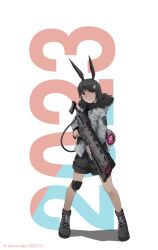 Rule 34 | 1girl, 2023, animal ears, ankle boots, artist name, black footwear, black hair, black shorts, boots, camouflage, camouflage jacket, commentary, dated, dead-robot, english commentary, full body, fur-trimmed jacket, fur trim, gun, hair ornament, happy new year, holding, holding gun, holding weapon, jacket, long hair, long sleeves, mixed-language commentary, new year, original, purple eyes, rabbit, rabbit ears, rabbit girl, rabbit hair ornament, science fiction, shadow, shorts, solo, standing, twitter username, watermark, weapon