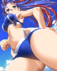 Rule 34 | 1girl, armpits, artist name, bikini, blue bikini, blue hair, blue sky, blush, breasts, brown eyes, closed mouth, dated, day, dd (ijigendd), from below, highres, kantai collection, medium breasts, multicolored hair, navel, official alternate costume, red hair, sky, smile, solo, south dakota (kancolle), swimsuit, toned