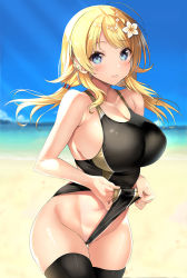 Rule 34 | 1girl, ahoge, bare shoulders, beach, black one-piece swimsuit, black thighhighs, blonde hair, blue eyes, blue sky, blush, breasts, cleavage, collarbone, competition swimsuit, flower, hachimiya meguru, hair flower, hair ornament, highleg, highleg swimsuit, highres, idolmaster, idolmaster shiny colors, inuzumi masaki, large breasts, long hair, looking at viewer, low twintails, one-piece swimsuit, open mouth, sky, smile, solo, swimsuit, tan, tanline, thighhighs, thighs, twintails