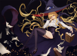 Rule 34 | 1girl, black footwear, black skirt, black thighhighs, blonde hair, blouse, blunt bangs, book, bow, bowtie, closed mouth, dark, floating, floating book, floating hair, floating object, flying paper, garter straps, hat, highres, ken-chan, lace, lace-trimmed legwear, lace trim, latex, lilith (yamibou), long hair, long sleeves, mary janes, miniskirt, motion blur, paper, puffy long sleeves, puffy sleeves, purple eyes, shirt, shoes, skirt, taichi (yirkorn), thighhighs, very long hair, white bow, white shirt, witch hat, yami to boushi to hon no tabibito, zettai ryouiki