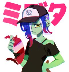 Rule 34 | 1girl, 2gold, baseball cap, blue hair, cephalopod eyes, colored skin, colored tips, commentary request, dedf1sh, eyelashes, green skin, hair over one eye, hand on own hip, hat, holding, holding removed eyewear, korean commentary, long hair, multicolored hair, nintendo, octoling, print headwear, red-tinted eyewear, red hair, sanitized (splatoon), simple background, solo, splatoon (series), splatoon 3, splatoon 3: side order, tentacle hair, tinted eyewear, translation request, two-tone hair, unworn eyewear, upper body, white background, yellow eyes