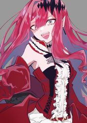 1girl baobhan_sith_(fate) baobhan_sith_(first_ascension)_(fate) breasts detached_sleeves dress earrings fangs fate/grand_order fate_(series) frilled_dress frills grey_background grey_eyes hair_ornament highres jewelry long_hair looking_at_viewer nakiz_nkm open_mouth pink_hair pointy_ears red_dress sidelocks smile solo teeth upper_teeth_only