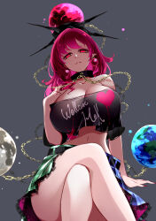 Rule 34 | 1girl, absurdres, belt, black belt, black collar, black shirt, breasts, chain, cleavage, clothes writing, collar, commentary request, crossed legs, earrings, earth (ornament), from below, gold chain, grey background, hand on own chest, hecatia lapislazuli, highres, jewelry, large breasts, midriff, moon (ornament), multicolored clothes, multicolored skirt, navel, off-shoulder shirt, off shoulder, parted lips, plaid, plaid skirt, pointy ears, raptor7, red eyes, red hair, shirt, simple background, skirt, t-shirt, touhou, underworld (ornament)
