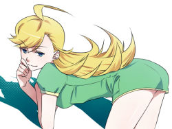 Rule 34 | 10s, 1girl, ahoge, ass, bent over, blonde hair, blue eyes, female focus, jumpsuit, long hair, looking back, panty &amp; stocking with garterbelt, panty (psg), romper, simple background, skirt, smile, solo, suguru (godai fifth), white background