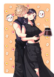 Rule 34 | 1boy, 1girl, ;&gt;, apron, babigonice, bare arms, bare shoulders, black apron, black gloves, black hair, black shorts, black vest, blonde hair, blue eyes, blush, border, bread slice, breasts, closed eyes, closed mouth, cloud strife, coffee pot, commentary request, couple, crop top, final fantasy, final fantasy vii, final fantasy vii advent children, food, gloves, hair behind ear, heart, high collar, highres, holding, hug, hug from behind, kiss, kissing cheek, large breasts, long hair, looking at viewer, midriff, navel, one eye closed, outside border, red eyes, ribbed shirt, shirt, short hair, shorts, smile, speech bubble, spiked hair, standing, swept bangs, tank top, tifa lockhart, toast, vest, waist apron, white border, white tank top, zipper