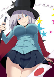 Rule 34 | 1girl, arm at side, black hat, blue cardigan, blue eyes, blush, breasts, buttons, cane, cape, cardigan, closed mouth, covered erect nipples, cowboy shot, fang, from below, hair between eyes, hand up, hat, holding, holding cane, japanese flag, large breasts, legs together, lips, looking at viewer, looking down, maguro (fufu), miniskirt, pleated skirt, pocket, purple hair, short hair, skin fang, skirt, smile, solo, standing, star (symbol), starry background, tejina senpai, tejina senpai (series), thighs, top hat, v-shaped eyebrows, white background