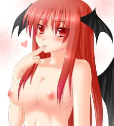 Rule 34 | 1girl, blush, breasts, collarbone, demon wings, dotera, embodiment of scarlet devil, female focus, hanazome dotera, head wings, heart, koakuma, large breasts, light smile, long hair, looking at viewer, nipples, nude, red eyes, red hair, simple background, solo, touhou, upper body, very long hair, wings
