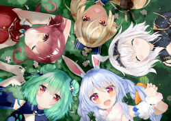 Rule 34 | 5girls, :d, ;), ^ ^, animal ear fluff, animal ears, arm up, armpits, ascot, bare arms, braid, brown eyes, carrot hair ornament, circle formation, closed eyes, commentary, dark-skinned female, dark skin, double bun, extra ears, facing viewer, flower, food-themed hair ornament, from above, gloves, grass, hair between eyes, hair bun, hair ornament, highres, hololive, hololive fantasy, houshou marine, houshou marine (1st costume), light blush, long hair, long pointy ears, looking at viewer, lr (last remote 514), lying, medium hair, multiple girls, on back, one eye closed, open mouth, partially fingerless gloves, pointy ears, rabbit-shaped pupils, rabbit ears, red ascot, red eyes, shiranui flare, shiranui flare (1st costume), shirogane noel, shirogane noel (1st costume), short eyebrows, skull hair ornament, smile, symbol-shaped pupils, thick eyebrows, twin braids, uruha rushia, uruha rushia (1st costume), usada pekora, usada pekora (1st costume), virtual youtuber, w, white hair