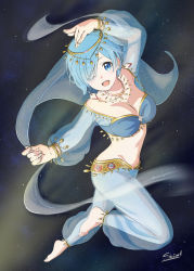 Rule 34 | 1girl, :d, absurdres, alternate costume, anklet, arm up, bare shoulders, barefoot, blue eyes, blue hair, bracelet, circlet, collarbone, commentary request, dancer, earrings, full body, gold, hair over one eye, harem outfit, harem pants, highres, jewelry, looking at viewer, navel, necklace, one eye closed, open mouth, pants, re:zero kara hajimeru isekai seikatsu, rem (re:zero), see-through, see-through shawl, see-through sleeves, shawl, shiima, signature, smile, solo, teeth, upper teeth only