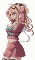 Rule 34 | 1girl, ahoge, alternate hairstyle, antenna hair, arms up, belt, black choker, blonde hair, blue eyes, blush, breasts, choker, cleavage, collarbone, commentary, cowboy shot, criis-chan, danganronpa (series), danganronpa v3: killing harmony, gloves, goggles, goggles on head, hair tie, hair tie in mouth, iruma miu, long hair, looking at viewer, medium breasts, mouth hold, navel, pink shirt, pink skirt, pleated skirt, ponytail, school uniform, shirt, simple background, skirt, solo, thigh strap, tying hair, white background