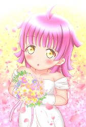 Rule 34 | 1girl, artist name, artist request, bare shoulders, blush, bouquet, breasts, brown eyes, collarbone, dress, elbow gloves, female focus, flower, gloves, highres, holding, holding bouquet, looking at viewer, love live!, love live! nijigasaki high school idol club, miniskirt, parted lips, petals, pink hair, pink petals, plaid, plaid dress, plaid skirt, pleated, pleated dress, pleated skirt, short hair, skirt, sleeveless, sleeveless dress, smile, solo, tennoji rina, wedding dress, white dress, white gloves, white skirt, yellow eyes
