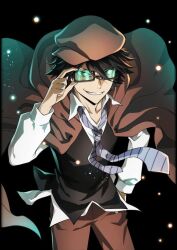 Rule 34 | 1boy, black shirt, brown hair, brown jacket, brown pants, bungou stray dogs, detective, edogawa ranpo (bungou stray dogs), glasses, green eyes, hand up, hat, jacket, long hair, looking at viewer, male focus, pants, shirt, smile, solo, white shirt