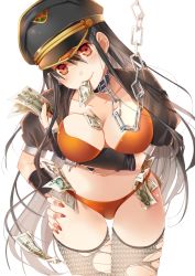 Rule 34 | 1girl, bad id, bad pixiv id, bdsm, between breasts, bikini, black hair, blush, breast hold, breasts, chain, collar, elbow gloves, fingerless gloves, fingernails, gloves, hand on own hip, hat, highres, lace, lace legwear, large breasts, long hair, money, mouth hold, nail polish, orange bikini, orange eyes, original, peaked cap, platinumcorundum, simple background, slave, smile, solo, swimsuit, thigh gap, thighhighs, torn clothes, torn thighhighs, tucked money, very long hair