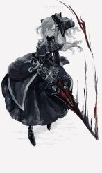 Rule 34 | 0onamae, 1girl, aura, black capelet, black dress, black flower, black footwear, black gloves, black hat, capelet, clenched teeth, colored sclera, dark aura, dress, english text, fate/grand order, fate (series), flower, gloves, grey background, grey hair, grey sclera, hair between eyes, hat, hat flower, highres, holding, holding sword, holding weapon, kriemhild (fate), kriemhild (first ascension) (fate), long hair, painterly, parted lips, simple background, slit pupils, solo, sword, teeth, weapon, white eyes