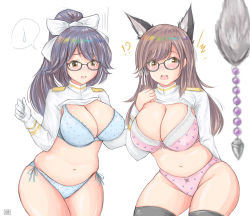Rule 34 | 2girls, absurdres, anal beads, anal tail, atago (azur lane), azur lane, bad id, bad pixiv id, black hair, black legwear, blush, bow, breasts, brown hair, butt plug, cleavage, fake tail, glasses, gloves, hair bow, highres, large breasts, long hair, multiple girls, open mouth, panties, plump, sex toy, side-tie panties, tail, takao (azur lane), thighhighs, tong shui, underwear, white bow, white gloves, yellow eyes