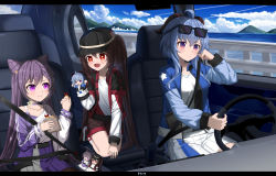 Rule 34 | 3girls, :d, absurdres, aged down, alternate costume, arm support, black hair, blue hair, car, car interior, car seat, casual, character doll, choker, collarbone, commentary request, cone hair bun, contemporary, detached sleeves, double bun, driving, eating, eyewear on head, ganyu (genshin impact), genshin impact, golden shrimp balls (genshin impact), hair between eyes, hair bun, hair ornament, head rest, highres, horns, hu tao (genshin impact), jacket, keqing (genshin impact), long hair, long sleeves, motor vehicle, multiple girls, open mouth, playing, purple eyes, purple hair, red eyes, safety belt, sidelocks, skym (kumei), smile, steering wheel, sunglasses, symbol-shaped pupils, twintails, window