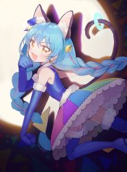 Rule 34 | 1girl, :d, animal ear fluff, animal ears, blue footwear, blue gloves, blue hair, blue hat, blue shirt, boots, braid, cat ears, cat tail, cure cosmo, earrings, elbow gloves, extra ears, gloves, hat, highres, jewelry, long hair, looking at viewer, magical girl, mini hat, mini top hat, multicolored clothes, multicolored skirt, open mouth, orange eyes, precure, rainbow skirt, shadow, shirt, skirt, sleeveless, sleeveless shirt, smile, solo, spotlight, star twinkle precure, tail, tail ornament, tail ring, tere, thigh boots, thighhighs, top hat, twin braids, yuni (precure)