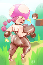 Rule 34 | 1girl, ass, blush, box chan, breasts, cleft of venus, female focus, fishnets, highres, huge breasts, looking at viewer, mario (series), nintendo, open mouth, partially undressed, simple background, solo, surprised, toadette, twintails, white background