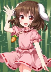 Rule 34 | 1girl, animal ears, arm up, bamboo, bamboo forest, belt, blush, brown hair, carrot necklace, commentary request, dress, forest, hair between eyes, hand up, highres, inaba tewi, jewelry, nature, necklace, one-hour drawing challenge, open mouth, pink dress, puffy short sleeves, puffy sleeves, rabbit ears, rabbit tail, red belt, red eyes, ruu (tksymkw), short hair, short sleeves, smile, solo, tail, touhou