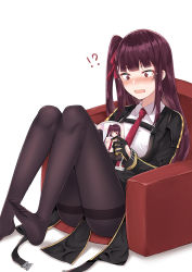 Rule 34 | !?, 1girl, bad id, bad pixiv id, black pantyhose, blunt bangs, blush, coffeedog, collared shirt, girls&#039; frontline, hair ribbon, jacket, knees up, long hair, manga (object), necktie, one side up, open clothes, open jacket, open mouth, pantyhose, purple hair, purple ribbon, reading, red eyes, red necktie, ribbon, shirt, side ponytail, sidelocks, simple background, sitting, soles, solo, tears, thighband pantyhose, thighs, wa2000 (girls&#039; frontline), white background, white shirt