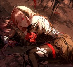Rule 34 | 1girl, armband, bad id, bad twitter id, black pantyhose, breasts, damaged, deep wound, girls&#039; frontline, gloves, hair between eyes, headgear, injury, jacket, long hair, looking at viewer, lying, m4 sopmod ii (girls&#039; frontline), medium breasts, multicolored hair, on side, open mouth, pantyhose, pink hair, prosthesis, prosthetic arm, puddle, rain, red eyes, red hair, reflection, severed limb, silence girl, smile, solo, streaked hair, tearing up, torn clothes, torn pantyhose