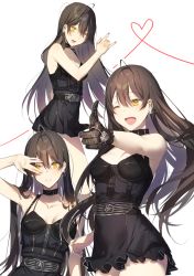 Rule 34 | 1girl, ;d, ahoge, bad id, bad pixiv id, black collar, black dress, breasts, brown eyes, brown gloves, brown hair, collar, collarbone, dore (gilles dore), dress, earrings, finger gun, frilled dress, frills, glint, gloves, hair between eyes, heart, highres, jewelry, long hair, medium breasts, multiple views, nail polish, one eye closed, open mouth, original, outstretched arm, pink nails, simple background, sleeveless, sleeveless dress, smile, very long hair, white background
