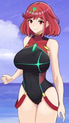 Rule 34 | 1girl, bare arms, bare shoulders, breasts, cloud, competition swimsuit, covered navel, desspie, female focus, highres, huge breasts, looking at viewer, matching hair/eyes, nintendo, one-piece swimsuit, pyra (pro swimmer) (xenoblade), pyra (xenoblade), red eyes, red hair, sky, smile, solo, swept bangs, swimsuit, water, xenoblade chronicles (series), xenoblade chronicles 2