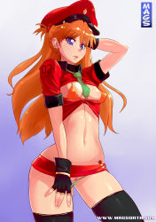 Rule 34 | 1girl, arms up, artist request, bikini, bikini under clothes, blue eyes, breasts, breasts outside, brown hair, curvy, fingerless gloves, gloves, gradient hair, hat, highres, long hair, looking at viewer, military, military hat, military uniform, miniskirt, multicolored hair, neon genesis evangelion, number, pussy, shiny, shiny clothes, shiny hair, skirt, smile, solo, soryu asuka langley, swimsuit, swimsuit aside, twintails, two side up, uniform, upper body