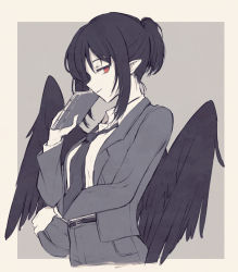 Rule 34 | 1girl, belt, belt buckle, bird wings, black belt, black hair, black wings, blouse, buckle, cabbie hat, closed mouth, collared shirt, commentary, cropped torso, feathered wings, from side, grey hat, grey jacket, grey necktie, grey pants, hair between eyes, hand up, hat, hisona (suaritesumi), holding, holding notebook, jacket, looking at viewer, looking to the side, necktie, notebook, official alternate costume, pants, pointy ears, red eyes, shameimaru aya, shameimaru aya (newsboy), shirt, short hair, short ponytail, sidelocks, simple background, smirk, solo, suit jacket, touhou, white shirt, wings