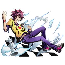 Rule 34 | 10s, 1boy, alpha transparency, collarbone, divine gate, full body, grin, groin, hair between eyes, looking at viewer, male focus, navel, no game no life, official art, pants, purple hair, purple pants, purple shirt, red eyes, shirt, smile, solo, sora (no game no life), spiked hair, transparent background, ucmm, wrist cuffs, yellow shirt