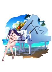 Rule 34 | 1girl, absurdres, arm strap, beach, bikini, black hair, breasts, cloud, collared bikini, day, glass, grand piano, hand on own chest, highres, instrument, large breasts, long hair, navel, necktie, open mouth, original, outdoors, palm tree, piano, purple eyes, revision, sitting, skindentation, solo, swimsuit, toriseru (rare stone), tree, twintails, very long hair, water, white bikini