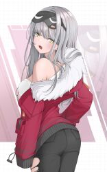 Rule 34 | 1girl, absurdres, ass, bare shoulders, black pantyhose, frima (nikke), from behind, fur collar, goddess of victory: nikke, grey hair, hairu 821, highres, jacket, long hair, looking at viewer, looking back, off-shoulder jacket, off shoulder, open mouth, pants, pantyhose, red jacket, shirt, sleep mask, solo, torn clothes, torn pants, white shirt, yellow eyes, zoom layer