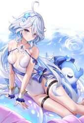 Rule 34 | 1girl, ahoge, arm support, bare shoulders, blue eyes, blue hair, breasts, breasts apart, collarbone, commentary request, covered erect nipples, covered navel, cowlick, criss-cross halter, drop-shaped pupils, furina (genshin impact), genshin impact, hair between eyes, halterneck, highleg, highleg swimsuit, highres, light blue hair, light blush, long hair, looking at viewer, lunacle, mademoiselle crabaletta, mismatched pupils, multicolored hair, one-piece swimsuit, parted lips, sideless outfit, sidelocks, sitting, small breasts, starfish hair ornament, streaked hair, swimsuit, symbol-shaped pupils, thigh strap, very long hair, white hair, wrist cuffs