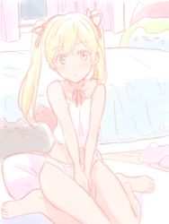 Rule 34 | 1girl, bed, blonde hair, character request, closed mouth, commentary, highres, hyakuen raitaa, long hair, looking at viewer, panties, solo, underwear, window